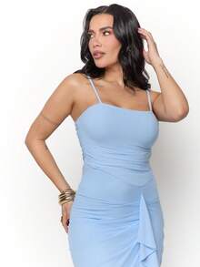 Dania Mndz Shop Seductive Baby Blue Summer Ruched Draped Maxi Dress For Women, Ruffle Sleeve High Slit Bodycon Dress,Elegant Birthday Party Wedding Prom Gown - Baby Blue - View 3