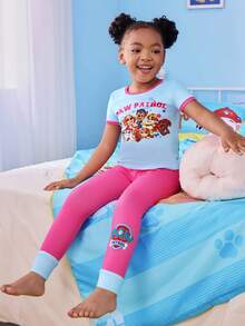SHEIN | PAW Patrol 2件套主题圆领短袖上衣和裤子睡衣套装，适合年轻女孩 - 藍白色 - 查看 5