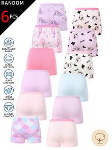 SHEIN 【6件隨機款】女童甜美四角內褲，柔軟粉色、紫色、藍色與白色布料，印有像素卡通熊、美人魚與水豚圖案，可愛條紋設計搭配荷葉邊飾，舒適透氣，適合日常穿著，四季時尚休閒短褲風內褲 - 彩色 - 查看 2