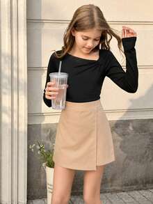 SHEIN Elladie kids Tween Girl Fall Outfits Fall Tops Fall Two Pieces Set Of Korean Soft Girl And Big Child Set: Open Shoulder Long Sleeved Top+Front Sli... - Black - View 6