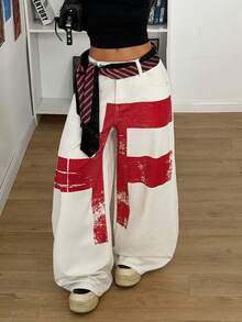 StreetHx Women's Geometric Pattern Pocket Wide Leg Loose Casual Jeans - White - View 3