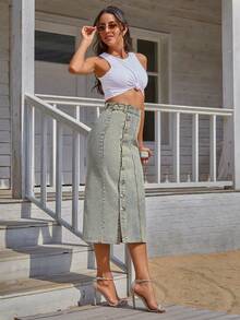 Jeanoix Petite Rok Denim Panjang Kasual Wanita Model Kancing Tunggal Gaya Y2K - Dusty Blue - View 6