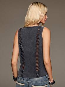 BAD SUNDAY Women's All-Season Washed Distressed Printed Cutout Hollow Vintage Tank Top Y2K Millennium Hot Girl Cool - Grey - View 2
