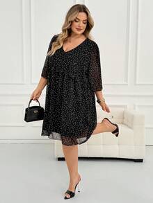 SHEIN CURVE+ Plus Size French Fashion Polka Dot Print Ruffle V-Neck Dress Fall - Black and White - View 4