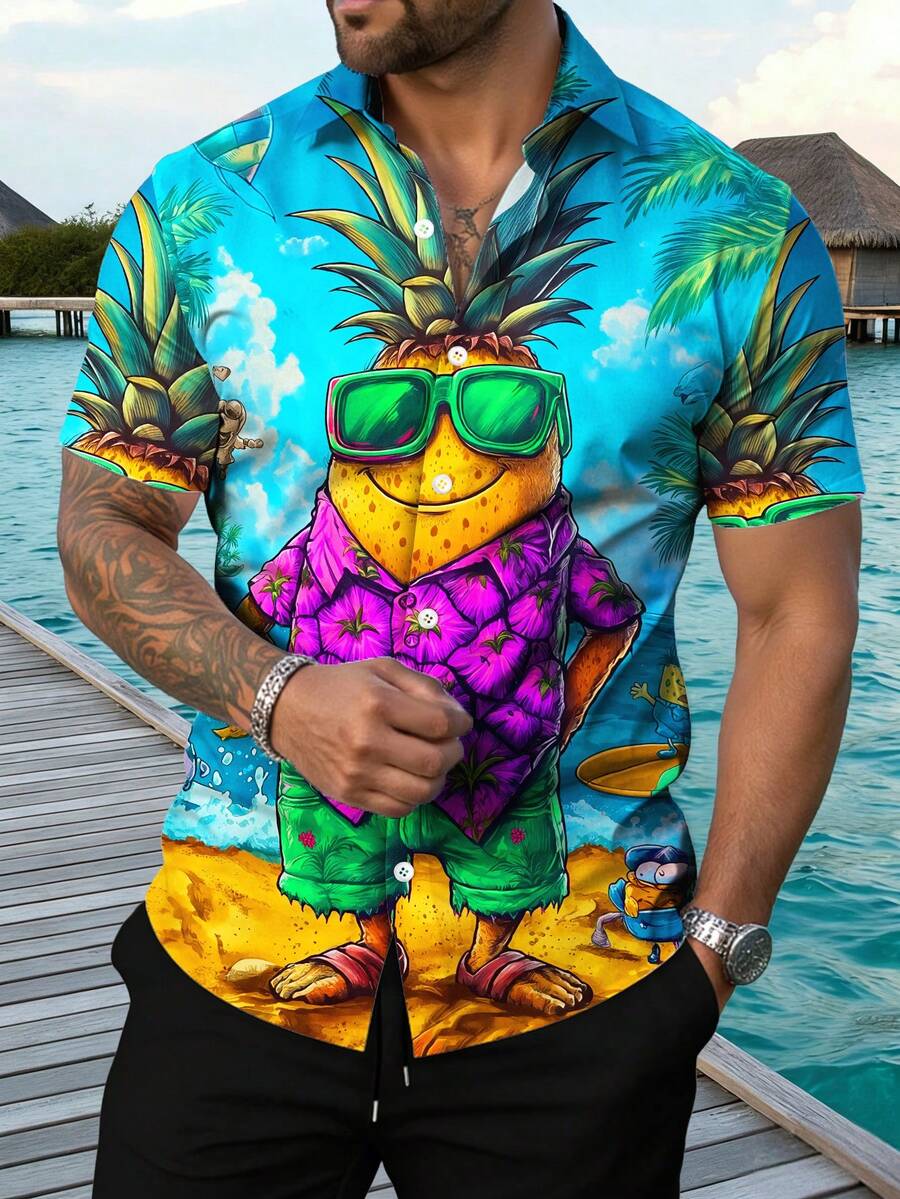 Genlund Men's Front Button Fashionable Printed Casual Short Sleeve Shirt, Summer, Holiday - Multicolor - View 1