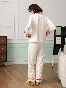 Chillnights Women's Shell Embroidery Contrast Color Pocket Top And Long Pants Pajama Set Sleep Red And White Checkered Autumn Cute Kawaii - White - View 2