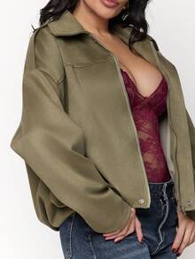 Dania Mndz Shop Women's Regular Faux Suede Long Sleeve Single Breasted Loose Casual Jacket, For Spring, Pocket Metal Button Short Military Green Suitable And Autumn - Army Green - View 3