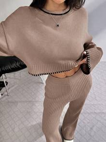 SHEIN EZwear 女款圓領落肩長袖針織毛衣與針織長褲兩件套 - 卡其色 - 查看 3