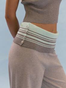 MUSERA Mid Rise Wide Leg Knit Trousers With Stripe Pattern Foldover Waistband Coord Bottoms Only Summer Casual Everyday Girly Y2K Soft Social - Multicolor - View 5