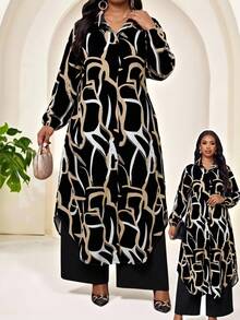 SHEIN Lady Plus Size Fashion Commuter Elegant Casual Formal All-Over Print Shirt And Pants 2 Pieces Set Evening Formal Black And White Black Autumn - Multicolor - View 1