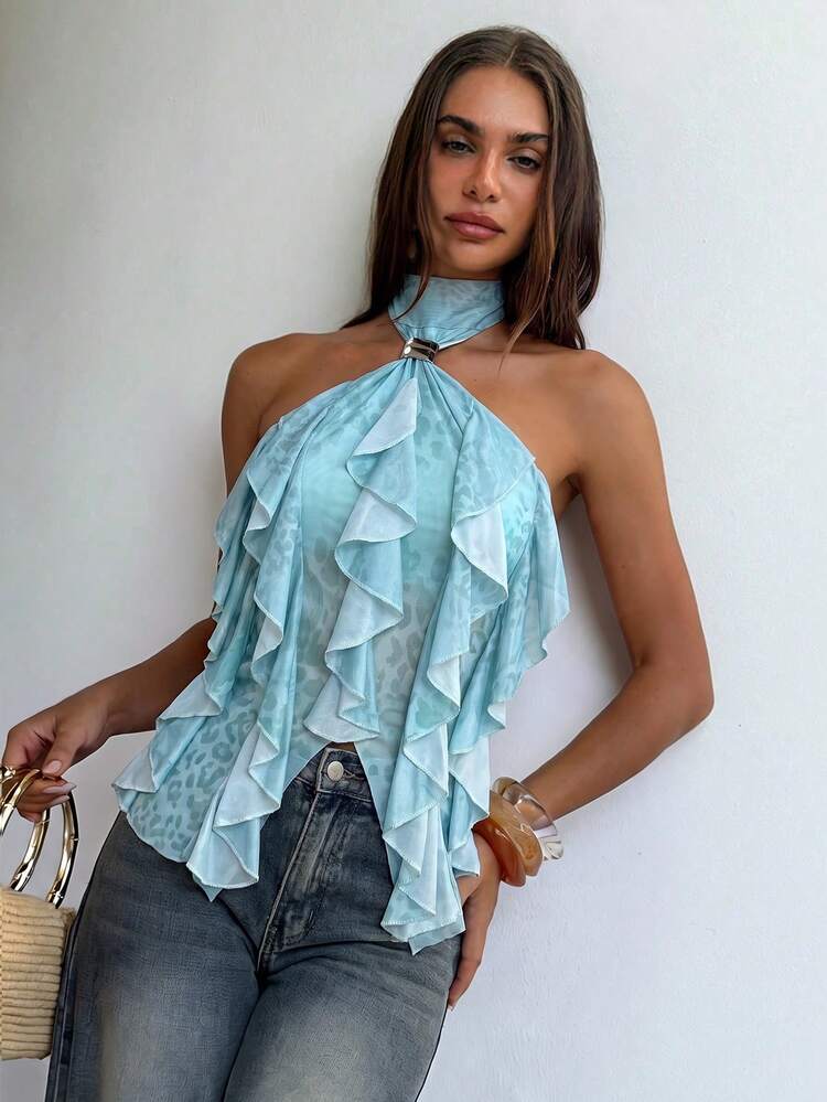 Aloruh Women's Summer Metal Decor Leopard Print Ruffle Trim Tank Top Party Vacation Night Light Blue Sexy - Dusty Blue - View 5