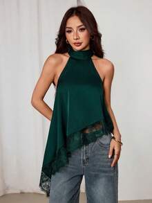 SHEIN PETITE 不對稱高領掛脖上衣，蕾絲飾邊，適合晚宴派對雞尾酒會正式場合 - 墨綠色 - 查看 6