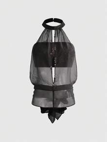 ROMWE Grunge Punk Summer Outfits Y2K Sexy Hot Girl Retro Metal Button Design Contrast Color Rivet Diva Slogan Bandeau Top Strapless Sheer Tank Top 2 Pieces Set Black - Grey - View 1