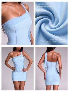 Nuvra Vestido mini ajustado de malla con un solo hombro y lazo para mujer - Celeste - Ver 10