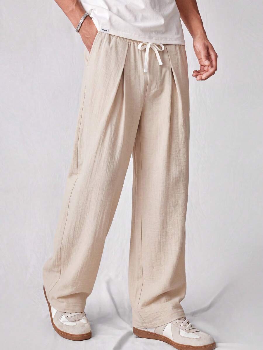 NORVETH Celana Panjang Pria Tenun Kasual Sehari-hari Muda Warna Polos Bahan Katun Linen Imitasi Potongan Lurus - Khaki - View 1