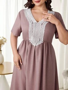 Al Najma Plus Size Women 3D Embroidery Decor Short Sleeve Arabic Traditional Long Dress - Dusty Pink - View 4