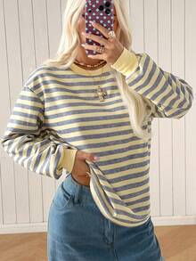 SHEIN EZwear 女款時尚百搭條紋長袖圓領運動衫 - 黃色 - 查看 5