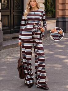 Lyckli Maternity Round Neck Striped Pattern Long Sleeve T-Shirt And Long Pants Casual Soft Form 2 Pieces Set Autumn Dates Vacation Gender Reveal Burgundy - Multicolor - View 4