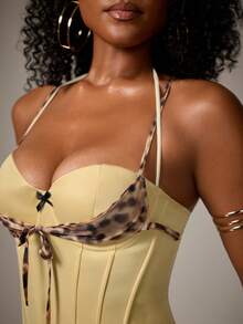 DreamPoppy Leopard Print Patchwork Bustier Crop Top, Underwire Fishbone Halter Sexy Fitted Party Camisole Corset For Women - Yellow - View 3