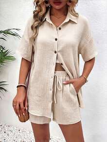 EMERY ROSE Women's Solid Color Short Sleeve Single-Breasted Shirt And Shorts 2 Pieces Set - Apricot - View 6