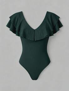 Rafferiza Women's Casual Sexy Solid Color Ruffle Bodysuit, Summer Going Out Dark Green - Dark Green - View 5