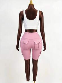 Zolique Pink Solid Color Cargo Sports Shorts, Women's Activewear, Casual Summer Going Out Outfits - Pink - View 4