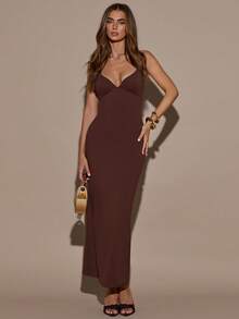SHEIN BAE Women's Solid Coffee Brown Basic Minimalist Spaghetti Strap Dress With Built-In Padded Cups, Push-Up Fitted Straight Long Elegant Party Dinner Summer - Brown - View 7