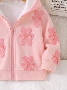 SHEIN 女嬰甜美可愛蝴蝶結小熊 3D 效果花卉印花連帽拉鍊長袖抓絨內裡運動外套，柔軟面料，適合外出，秋冬款 - 彩色 - 查看 4