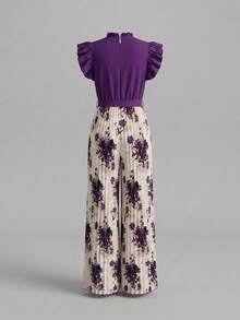 SHEIN Teen Girls Ruffle Collar Flutter Sleeve Detachable Waist Belt Floral Pleated Jumpsuit, Knit, Casual, Textured, Basic, Back To School - Purple - View 5
