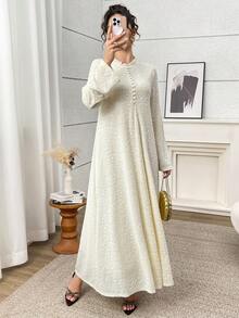 Yasmyna Women's French Elegant Jacquard Button Long Sleeve Arabian Dress - Yellow - View 1