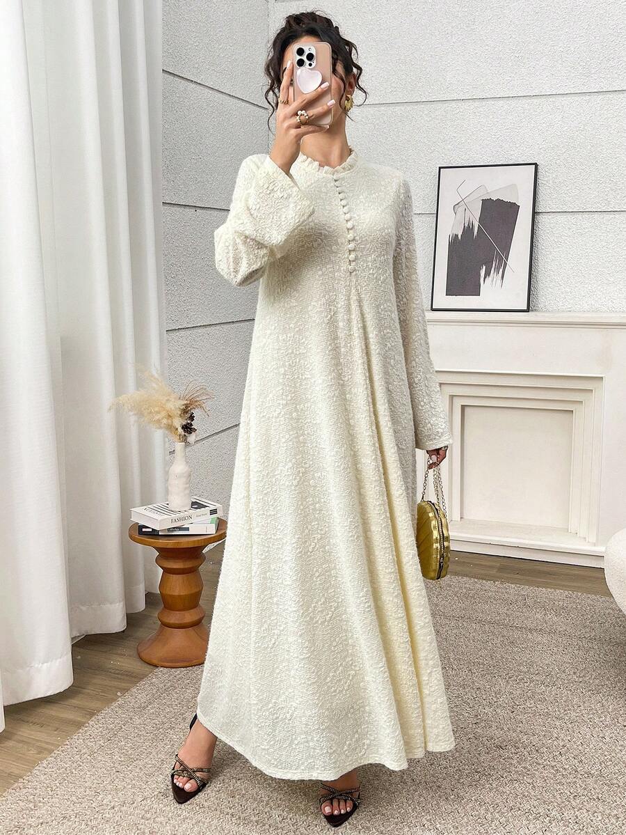 Yasmyna Women's French Elegant Jacquard Button Long Sleeve Arabian Dress - Yellow - View 1