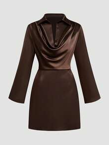 Sweetra Gaun Wanita Eropa Ukuran Plus Satin Kerah Cowl Longgar Kasual Elegan Serbaguna Lengan Panjang Cocok untuk Musim Gugur, Thanksgiving, Koktail, Formal, Cokelat - Coklat - View 1