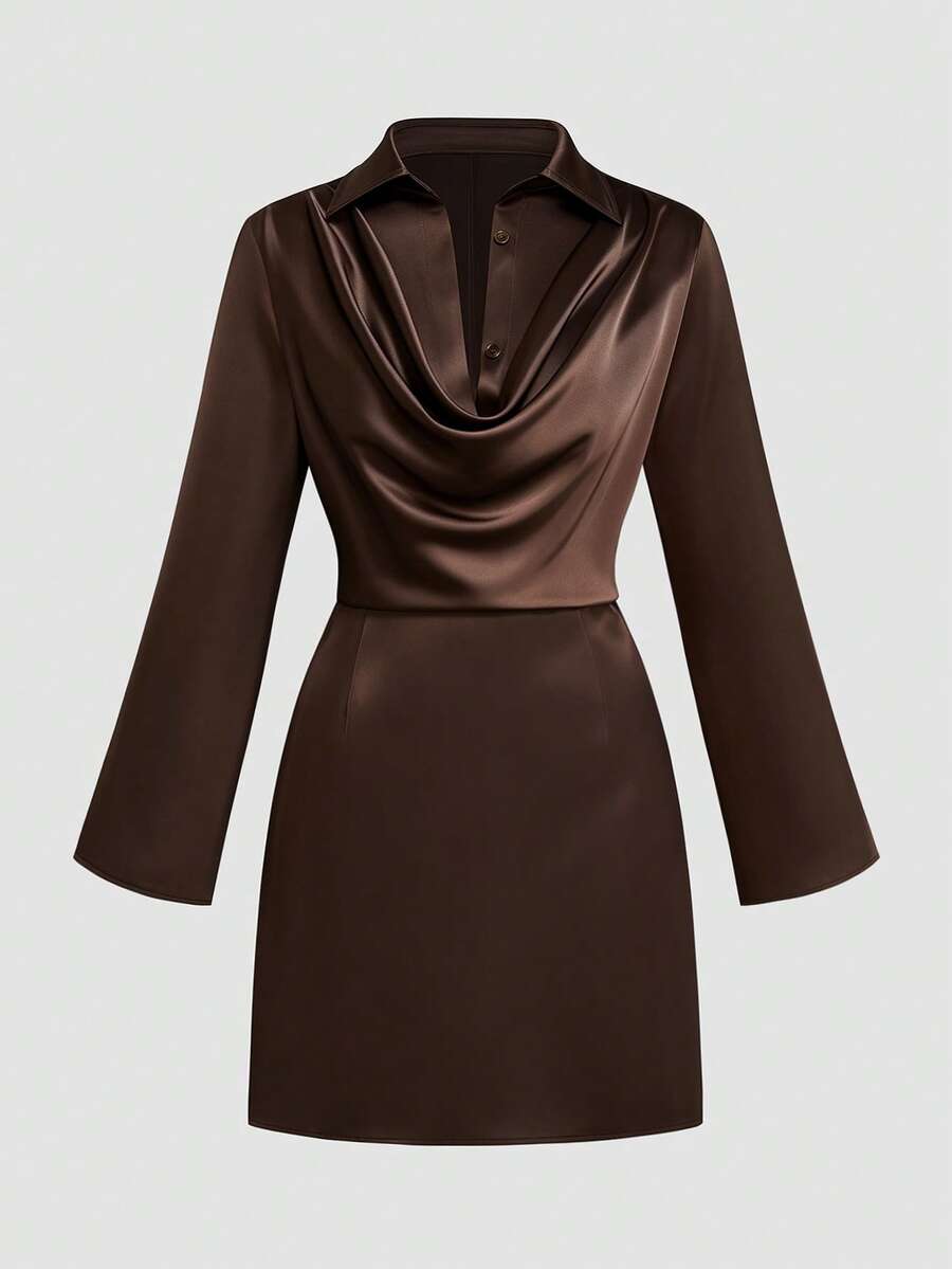 Sweetra Gaun Wanita Eropa Ukuran Plus Satin Kerah Cowl Longgar Kasual Elegan Serbaguna Lengan Panjang Cocok untuk Musim Gugur, Thanksgiving, Koktail, Formal, Cokelat - Coklat - View 1