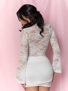 Dania Mndz Shop White Floral,Summer,Seductive,Party Sheer Long Sleeve Ribbon Dress,Holiday Cocktail Night Out Club Wear,Valentine's Day Women Elegant - White - View 2