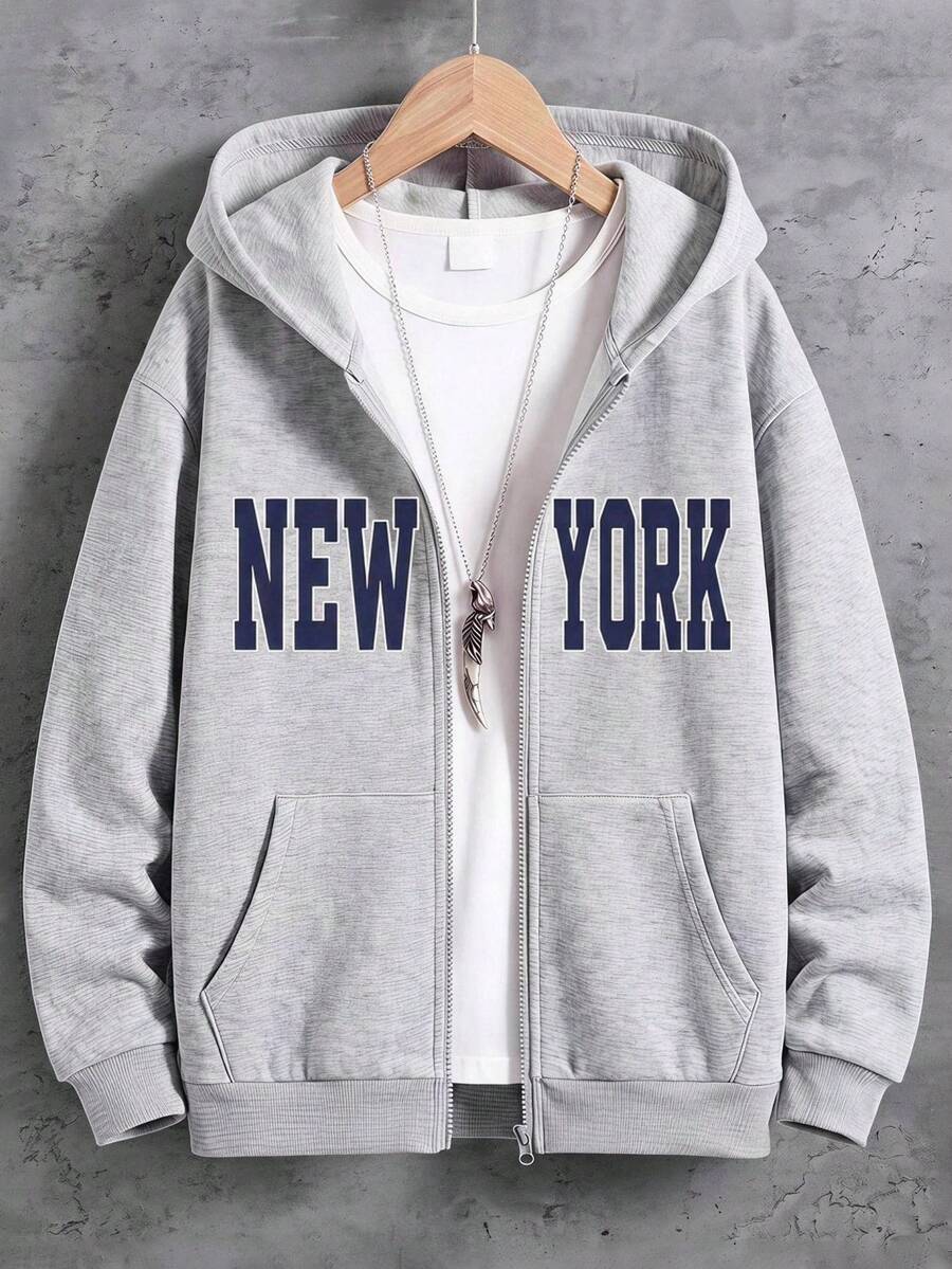 SHEIN Tween Boy Letter Print Long Sleeve Zip-Up Hooded Sweatshirt - Light Grey - View 1