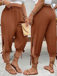 EMERY ROSE Plus Size High Waist Tapered Leg Tie-Up 7/10 Pants Spring/Summer - Yellow - View 1