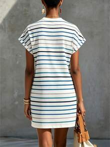 Glimmora Women's Striped Round Neck Short Sleeve Casual Loose Dress - Multicolor - View 2