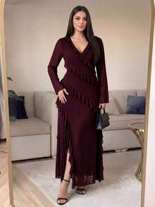 Auveirra Plus Size Women Solid Color V-Neck Pleated Casual Party Dress - Burgundy - View 6