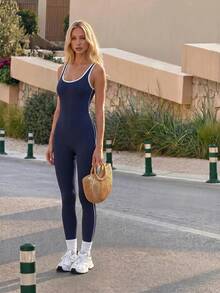 Dewbera Dewbera Women's New Autumn/Winter Navy Blue Open-Back Athleisure Jumpsuit,Blue And White Color-Block Sleeveless Fitted Jumpsuit - Multicolor - View 7