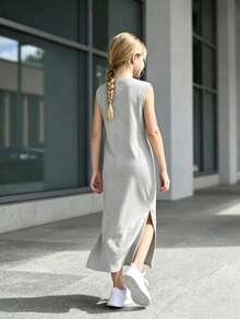 Tween Girl Solid Color Round Neck Side Slit Hem Casual Sleeveless Dress - Grey - View 2