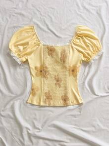 Soleia Women's Floral Print Tie-Front Top,Party,Vacation,Birthday,Going Out,Date,Homecoming - Yellow - View 2