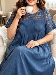 Lacomfia Damen elegantes minimalistisches gestreiftes Spitzen-Patchwork-Kleid mit aufgesetzten Taschen, locker und figurschmeichelnd, für den Sommer, Große Größen, Kurzarm - Blau - Übersicht 3