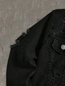 SHEIN 男童黑色丹寧彈性修身長袖夾克與破洞拼接長褲2件套 - 黑色 - 查看 3