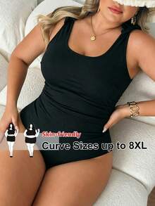 SHEIN CURVE+ Plus Size Women's Solid Color Textured Fabric Thick Strap One-Piece Swimsuit Beach Summer Eleganza - Black - View 1