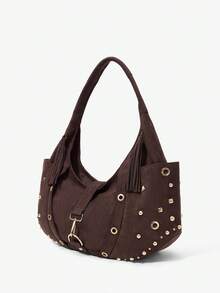 Viva Strut Women's Fashionable Personalized Street Cool Retro Brown Suede Rivet Metal Buckle Shoulder Bag, Daily Commute To Work Shopping To School - Brown - View 3