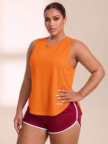 SHEIN Rhythm Era Women's Plus Size Letter Print Split Design Casual Versatile Daily Wear Sports T-Shirt - Coral Orange - View 6