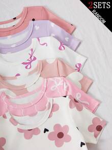 SHEIN 2套甜美花卉印花少女緊身睡衣套裝，6款盲盒隨機選2套，含2件上衣與長褲，花卉、愛心、圓點與蝴蝶結圖案，清新可愛風，粉色、紫色與白色配色，柔軟針織面料，親膚滑順，垂墜感佳，可機洗，舒適貼身 - 彩色 - 查看 5