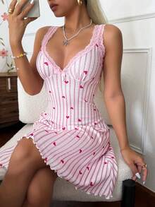CottageSlumber Women's Lace Patchwork Backless Heart Print Knit Jacquard Nightgown - Pink - View 3