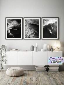 3Pcs Surf Theme Canvas Wall Art Set – Monochrome Wave Beach Photography Print For Living Room Office Decor, Gift (Unframed) - multicolor - View 1