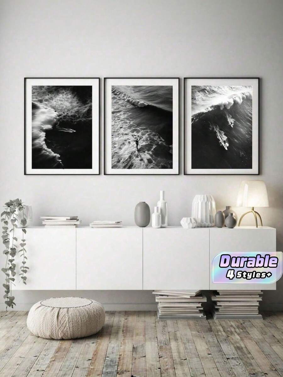 3Pcs Surf Theme Canvas Wall Art Set – Monochrome Wave Beach Photography Print For Living Room Office Decor, Gift (Unframed) - multicolor - View 1
